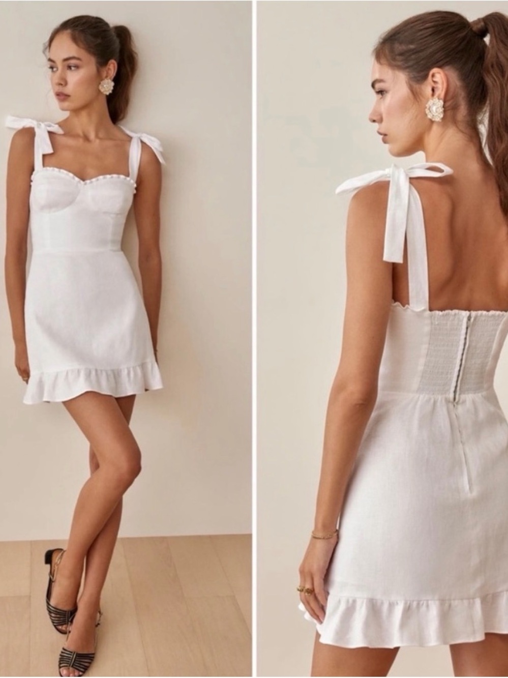 Reformation White Tie-Shoulder Ruffle Mini Dress
